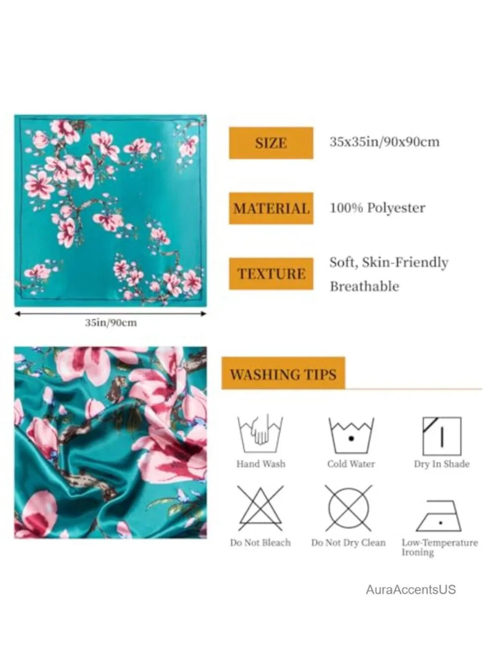 35x35 Satin Feel Large Square Scarf for Hair Wrapping and Sleeping Bandana